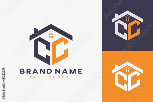 hexagon CC house monogram logo for real estate, property, construction business identity. box shaped home initiral with fav icons vector graphic template