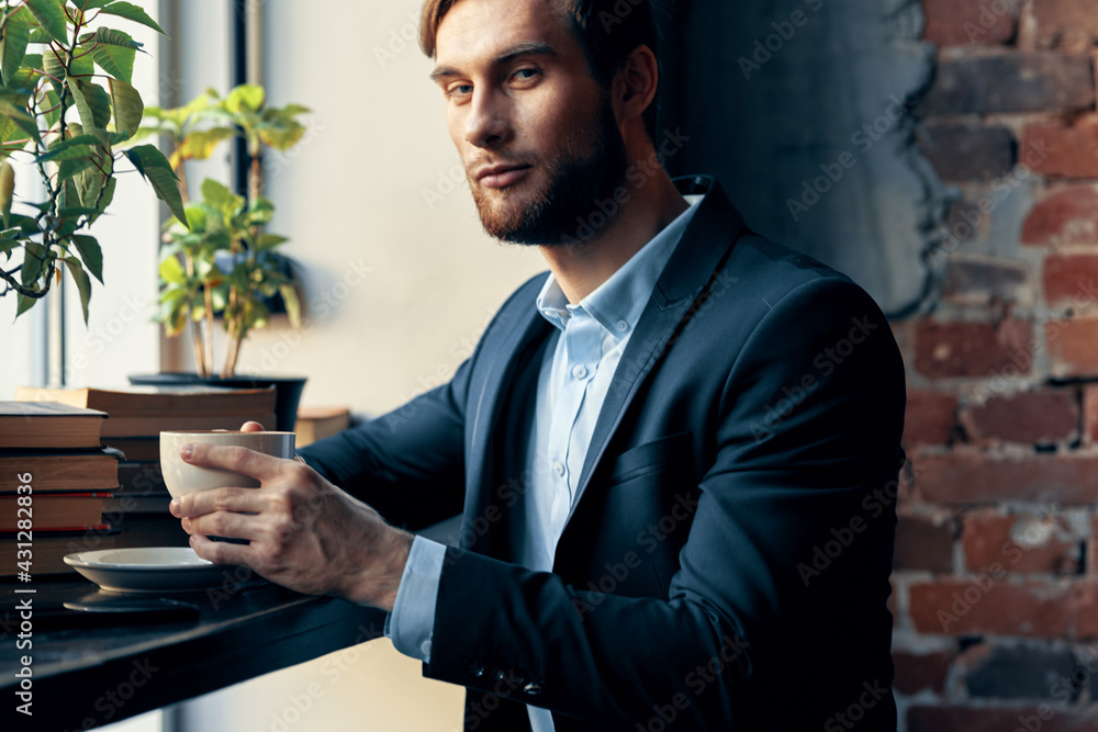 business man in a cafe suit drinking cafe rest breakfast business man in a cafe suit drinking cafe rest breakfast