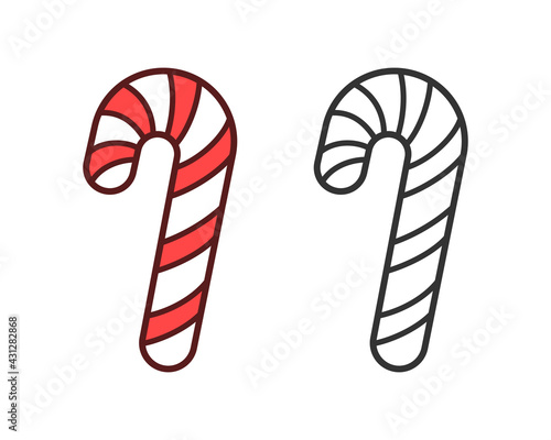 Red and white candy cane cartoon illustration colored, black and white outline set. Simple easy coloring activity for children, nursery, kindergarten, kids.