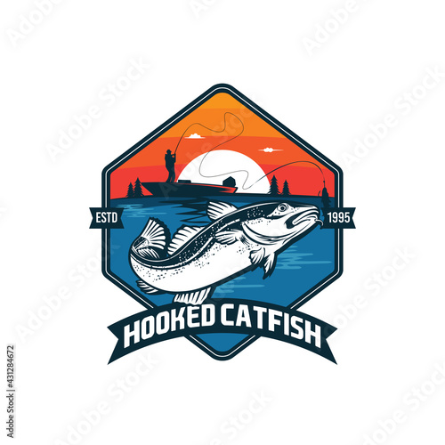 Catfish vector illustration in badge design style, perfect for tshirt design and fishing club logo