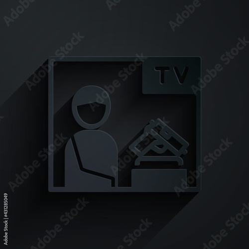 Paper cut Television advertising weapon icon isolated on black background. Police or military handgun. Small firearm. Paper art style. Vector