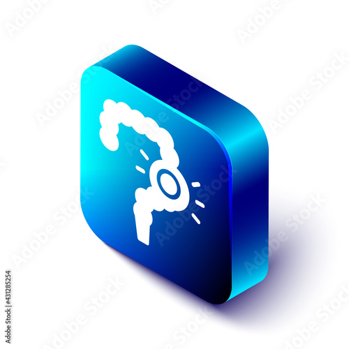 Isometric Gut constipation icon isolated on white background. Bowel problems. Blue square button. Vector
