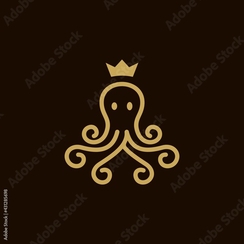 octopus with golden crown icon logo design line vector Illustration