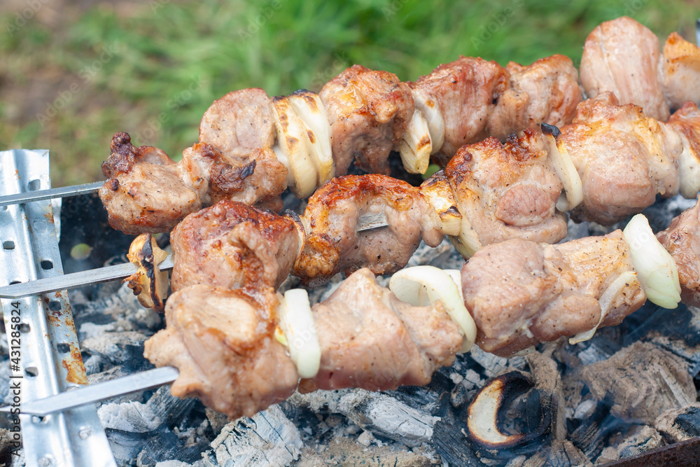 Barbecue on coals in the summer outdoors