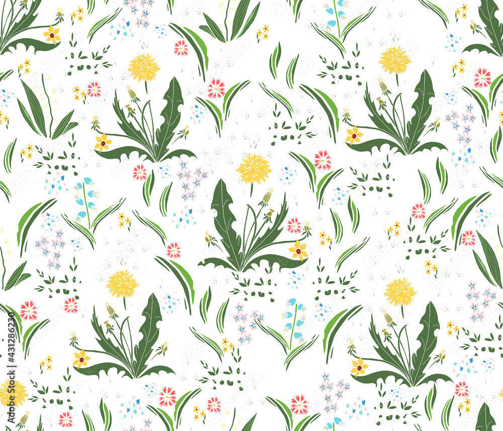 Floral summer meadow seamless pattern. Hand drawn wild grasses, dandeloins, meadow flowers, lilies of the valley, daisies. Hand-drawn backdrop for invitations, fabric, decor. Floral summer meadow seamless pattern. Hand drawn wild grasses, dandeloins, meadow flowers, lilies of the valley, daisies. Hand-drawn backdrop for invitations, fabric, decor.