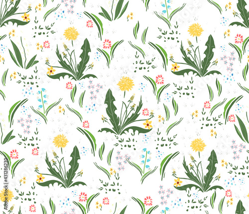 Floral summer meadow seamless pattern. Hand drawn wild grasses, dandeloins, meadow flowers, lilies of the valley, daisies. Hand-drawn backdrop for invitations, fabric, decor.