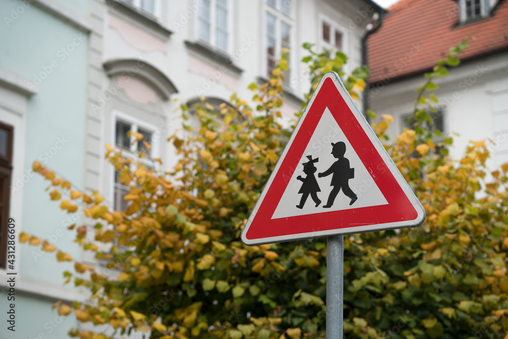 Pedestrian caution sign in Prague