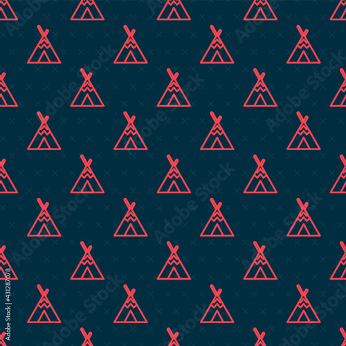 Red line Traditional indian teepee or wigwam icon isolated seamless pattern on black background. Indian tent. Vector