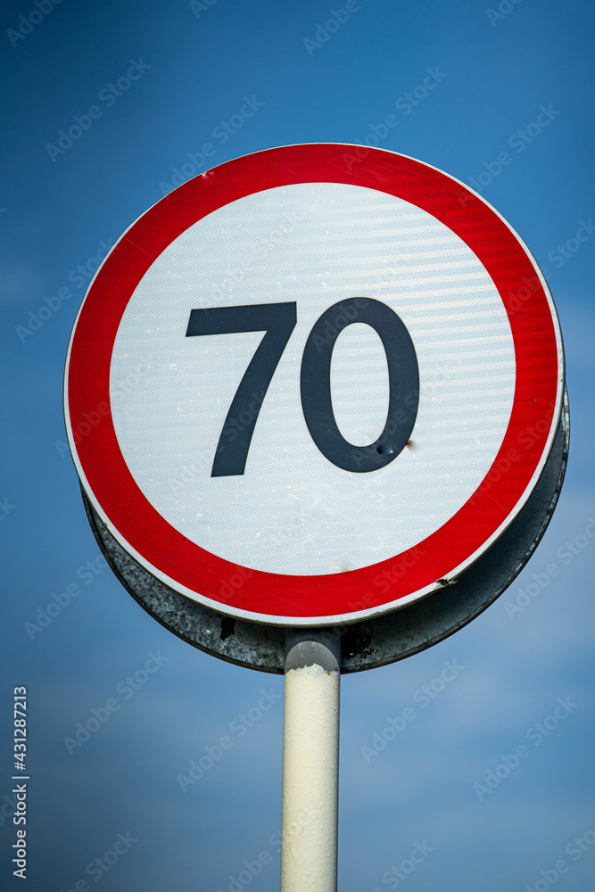 Road signs speed limit 70 km per hour. Close up shot raw footage Road signs speed limit 70 km per hour. Close up shot raw footage