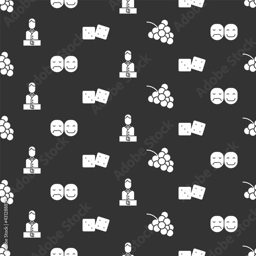 Set Casino slot machine with grape, Poker player, Casino dealer and Game dice on seamless pattern. Vector