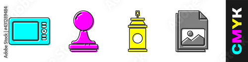 Set Graphic tablet, Stamp, Paint spray can and Picture landscape icon. Vector
