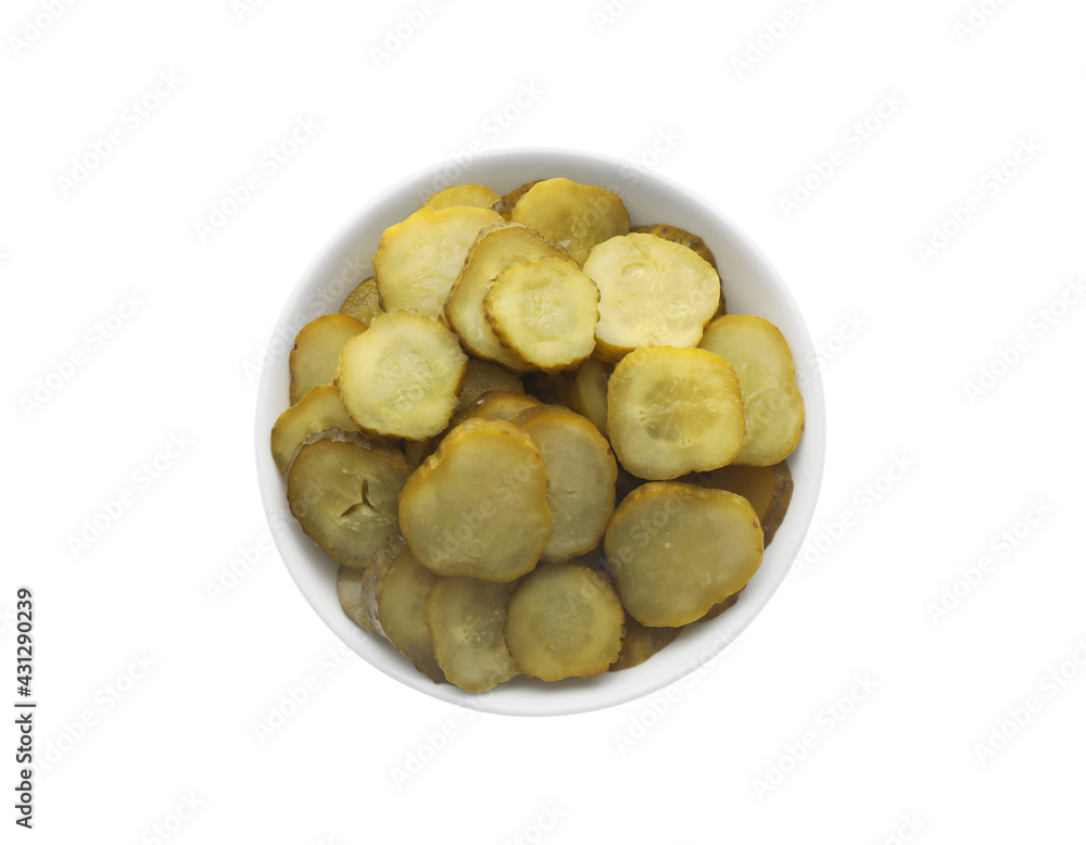 Slices of tasty pickled cucumbers in bowl isolated on white, top view Slices of tasty pickled cucumbers in bowl isolated on white, top view