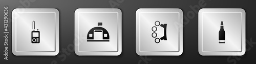 Set Walkie talkie, Military barracks, Brass knuckles and Bullet icon. Silver square button. Vector
