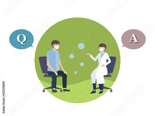 マスクを着用し女性医師に診察を受ける男性　半袖　人物フラットイラスト