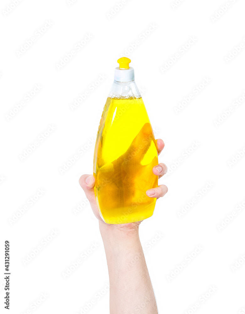 Man's arm raised holding a detergent sprayer. Hygiene concept. Isolate on white background.