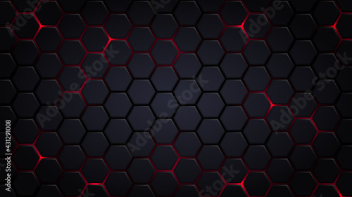 Abstract Futuristic background with hexagons . dark sci-fi hi-tech wallpaper with red lights .