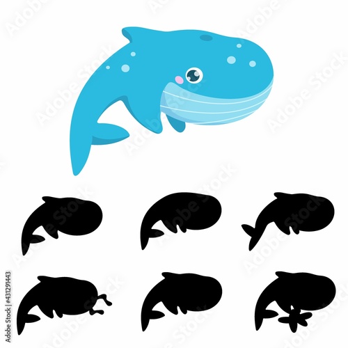 Educational children`s game - find the correct shadow. Preschool activity. Vector isolated cute whale on the white backgroud. 
