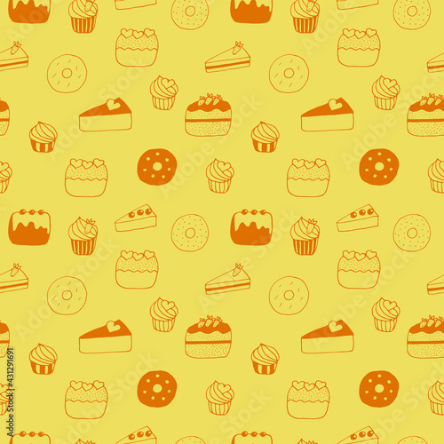 Seamless pattern cakes, cupcakes, cheesecakes, donuts and cakes, vector illustration, hand drawn doodle, yellow and brown