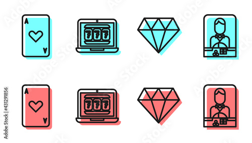 Set line Diamond, Playing card with heart, Laptop and slot machine and Casino dealer icon. Vector