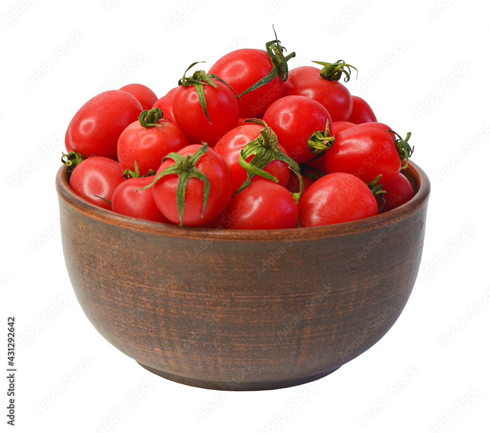 fresh and ripe cherry tomatoes in a clay bowl isolated on a white background fresh and ripe cherry tomatoes in a clay bowl isolated on a white background
