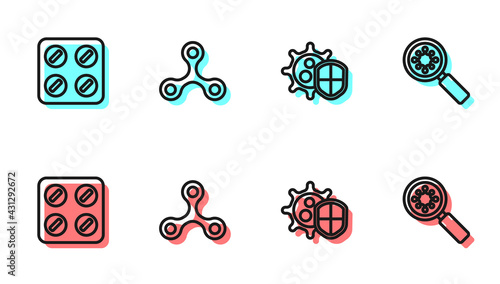 Set line Shield protecting from virus, Pills blister pack, Virus and under magnifying glass icon. Vector