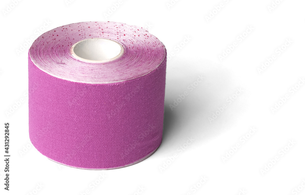 Pink roll of kinesiology tape for athletes on white background