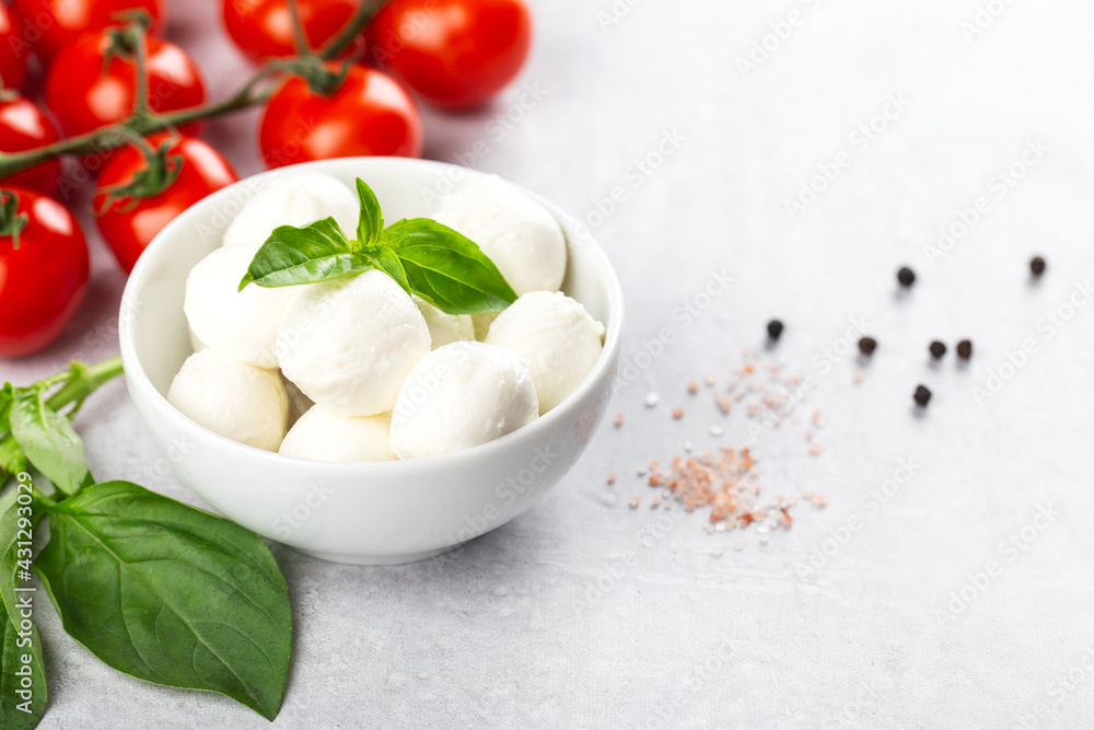 ingredients for caprese salad, mozzarella balls, cherry tomatoes on a branch, fresh basil, spices on a light gray background, horizontal, space for text ingredients for caprese salad, mozzarella balls, cherry tomatoes on a branch, fresh basil, spices on a light gray background, horizontal, space for text