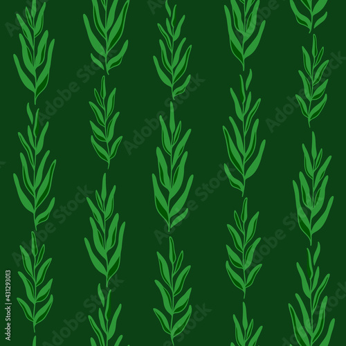 Fototapeta Naklejka Na Ścianę i Meble -  Green twigs with leaves seamless pattern. Hand drawn graphic print. Vector ornament of vertical lines of leaves. Great for decorating fabrics, textiles, gift wrapping design, any printed materials.