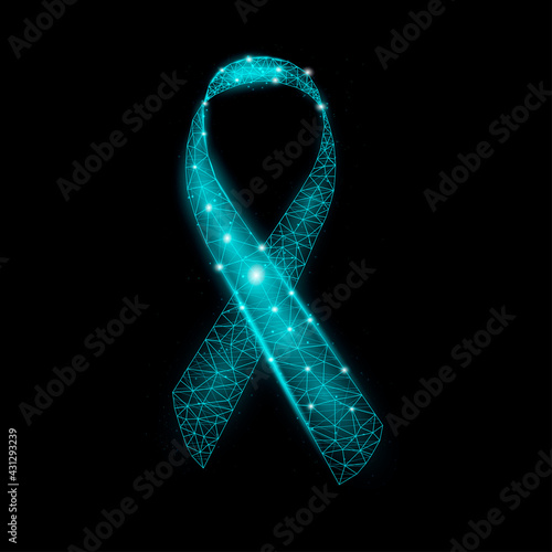 Teal ribbon awareness. Wireframe glowing low poly. Isolated on black background. Vector illustration.