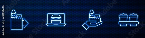 Set line Online ordering and delivery, , burger and Coffee cup to go. Glowing neon icon on brick wall. Vector
