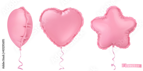 Inflatable foil balloons. Star, heart. Holiday decorations 3d realistic vector object set