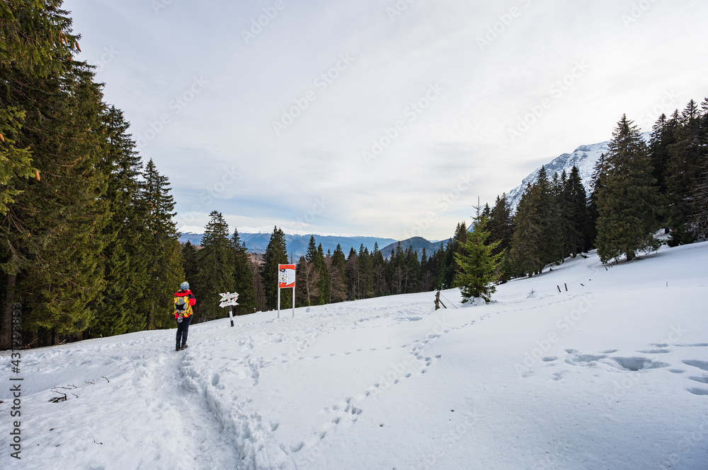 Hiker girl in front of signpost in Romanian mountains