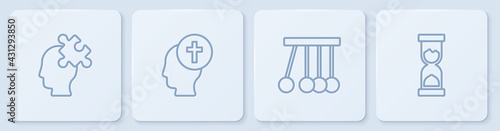 Set line Solution to the problem, Pendulum, Man graves funeral sorrow and Old hourglass. White square button. Vector