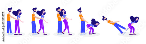Self-defense. Self-defense technique for a woman. Lesson for girls. How to save from bullies. Vector educational illustration.