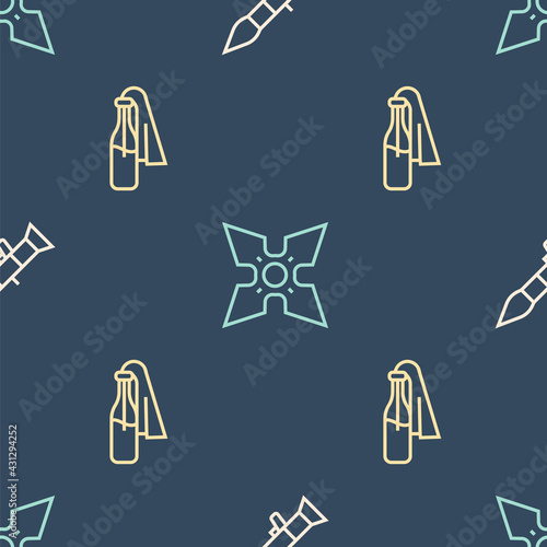 Set line Rocket launcher, Cocktail molotov and Japanese ninja shuriken on seamless pattern. Vector