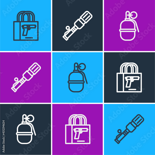 Set line Buying gun pistol, Hand grenade and Anti-tank hand icon. Vector photo