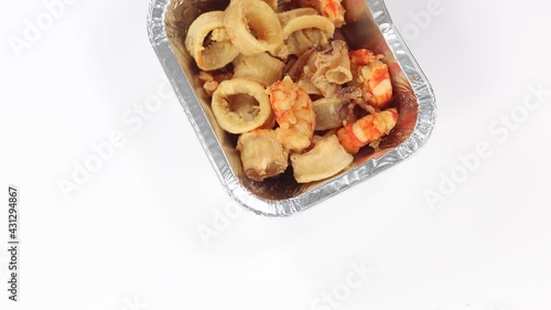 pan of mixed fried squid and shrimp fish market market