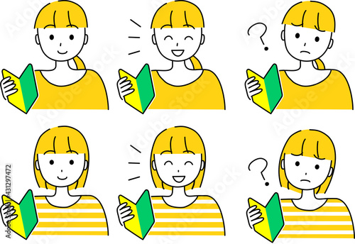 初心者マークを持つ女性　表情セット　シンプルタッチ　黄色