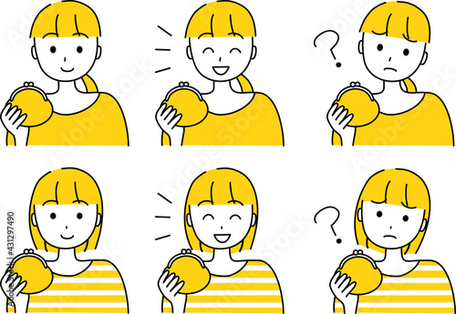 財布を持つ女性　表情セット　シンプルタッチ　黄色