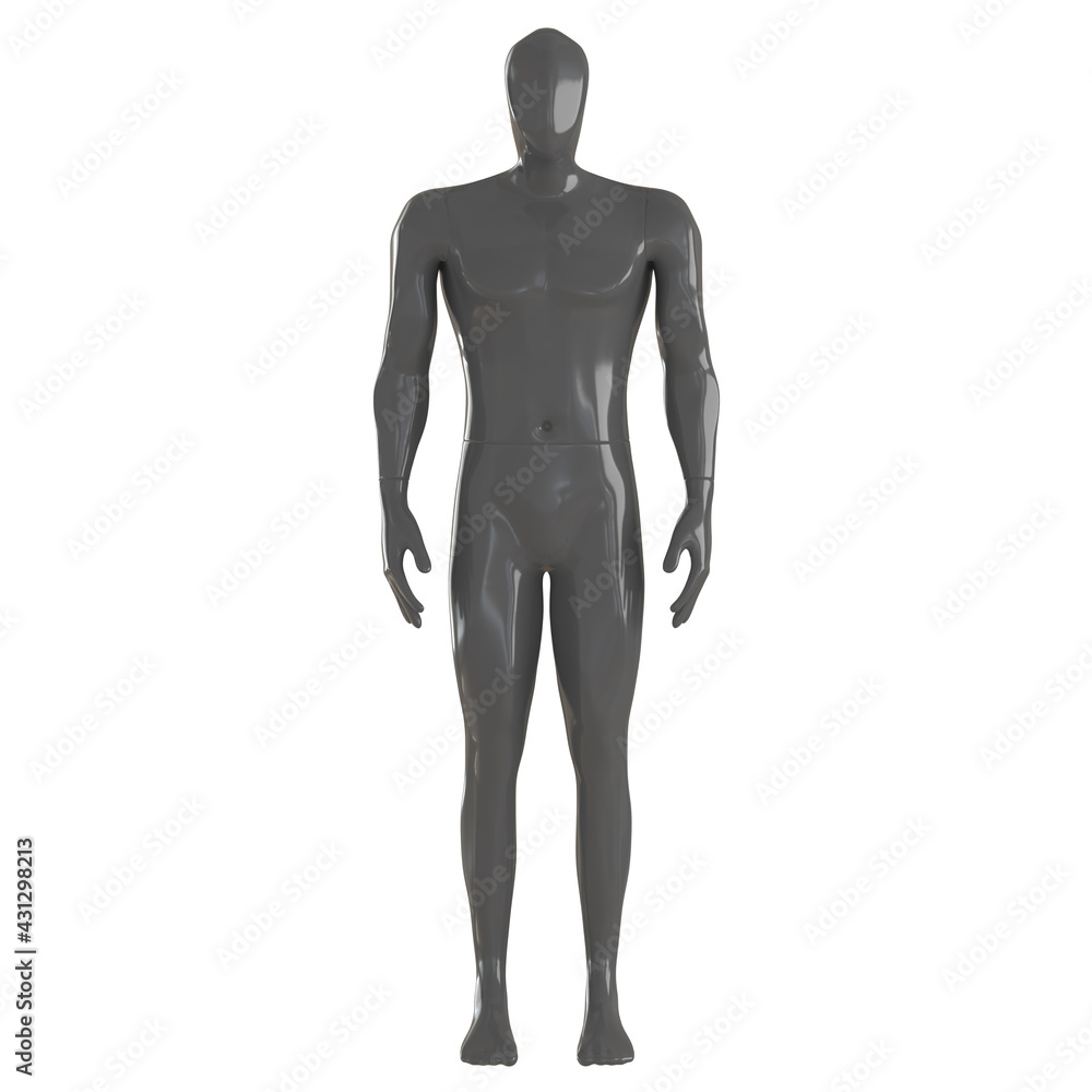 A gray male abstract mannequin with an angular head stands in a relaxed pose on an isolated background. 3d rendering A gray male abstract mannequin with an angular head stands in a relaxed pose on an isolated background. 3d rendering