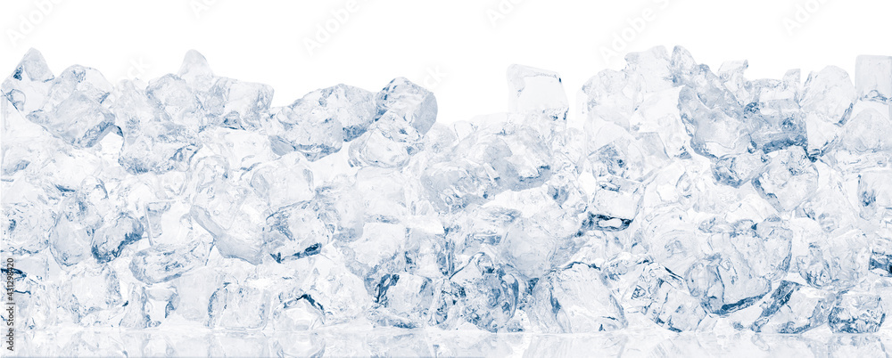 Ice cubes on white background. Heap of crushed ice cubes in white background wide shot. - obrazy, fototapety, plakaty 