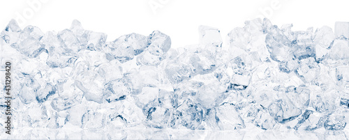 Ice cubes on white background. Heap of crushed ice cubes in white background wide shot.