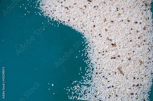 Broken-milled rice on blue background.