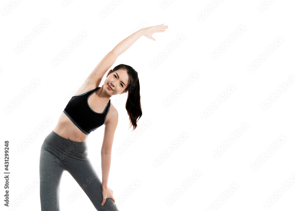 Asian female model with long hair tied up in good health beautiful figure black gym clothes loosening muscles To prepare exercise Regularly Isolated white background Health care concept Asian female model with long hair tied up in good health beautiful figure black gym clothes loosening muscles To prepare exercise Regularly Isolated white background Health care concept