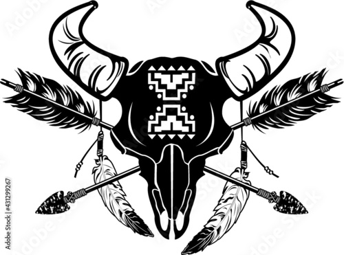 native american indian symbol, Buffalo Skull With arrows and Feathers