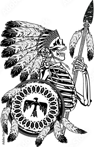 native american skeleton wearing war bonnet, holding spear and shield