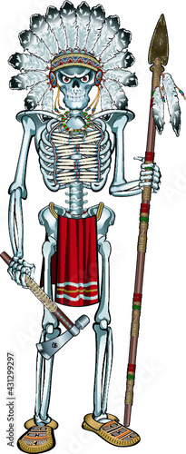 native american skeleton wearing war bonnet, holding spear and tomahawk