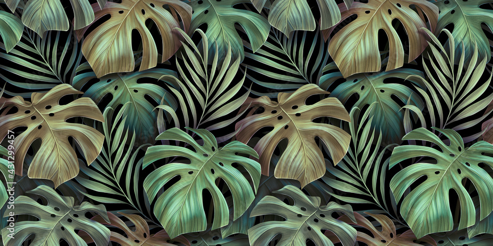 Tropical seamless pattern with beautiful monstera, palm leaves. Hand-drawn dark vintage 3D illustration. Glamorous exotic abstract background design. Good for luxury wallpapers, fabric printing Tropical seamless pattern with beautiful monstera, palm leaves. Hand-drawn dark vintage 3D illustration. Glamorous exotic abstract background design. Good for luxury wallpapers, fabric printing