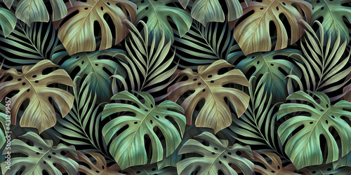 Tropical seamless pattern with beautiful monstera, palm leaves. Hand-drawn dark vintage 3D illustration. Glamorous exotic abstract background design. Good for luxury wallpapers, fabric printing