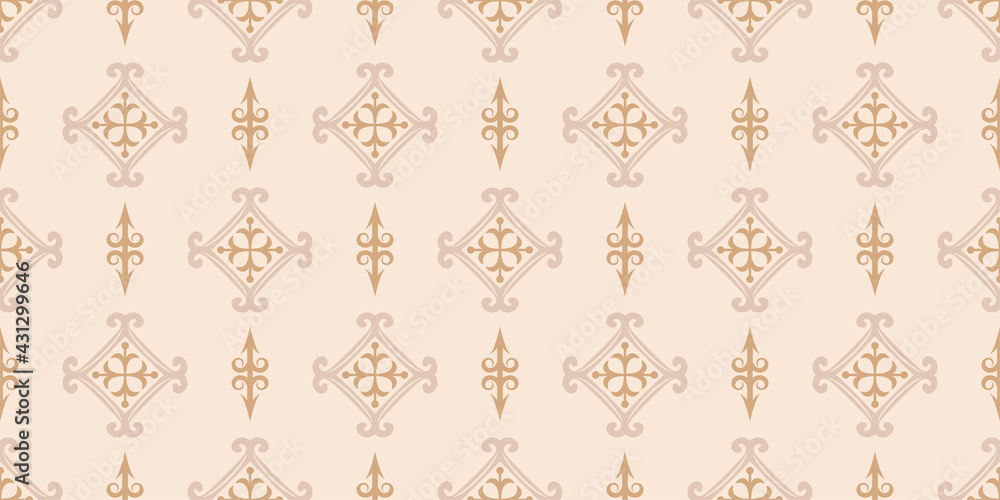 Background pattern in retro style with repeating ornament on beige background, wallpaper. Seamless pattern, texture. Vector graphics